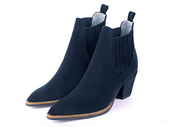 Navy blue women's ankle boots, with elastics. Tapered toe. Medium cone heels. Front view - Florence KOOIJMAN